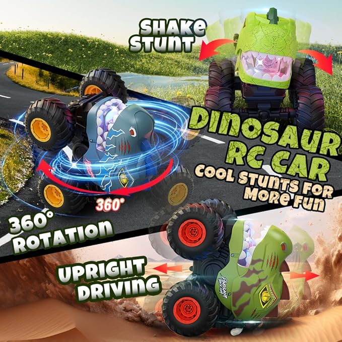Remote Control Car for Boys 4-7 8-12, Dinosaur Monster Truck Toys with 50min+ Runtime, Spray, LED Light, 360° Rotating & 90° Driving, RC Stunt Car for Kids Birthday