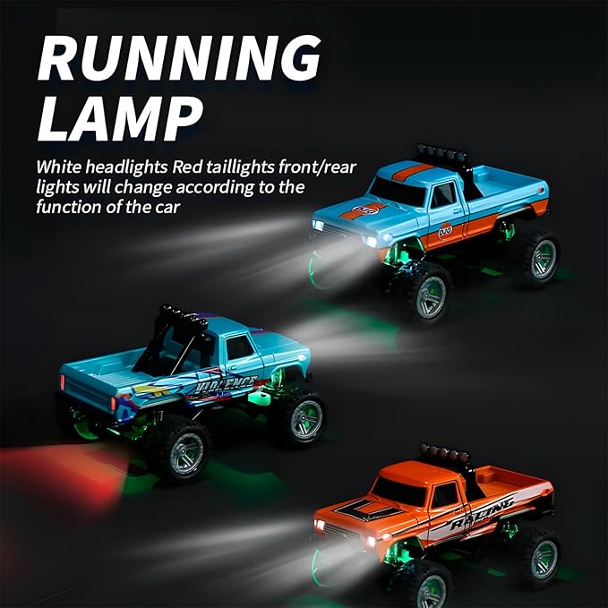 Mini Monster Truck, 1:64 Scale Remote Control Car with Lights, 2.4GHz Off-Road RC Truck, USB Rechargeable RC Car with Adjustable Speed for Kids Indoor & Outdoor Racing (Blue)