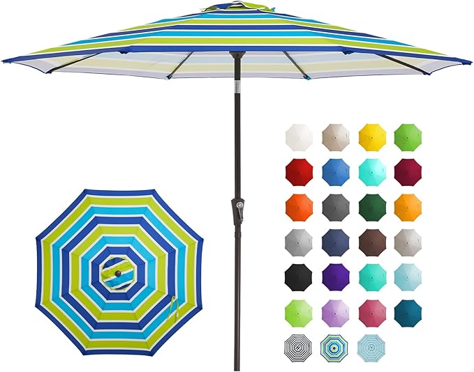 JEAREY 9FT Outdoor Patio Umbrella Outdoor Table Umbrella with Push Button Tilt and Crank, Market Umbrella 8 Sturdy Ribs UV Protection Waterproof for Garden, Deck, Backyard, Pool (Blue-Green Stripe)