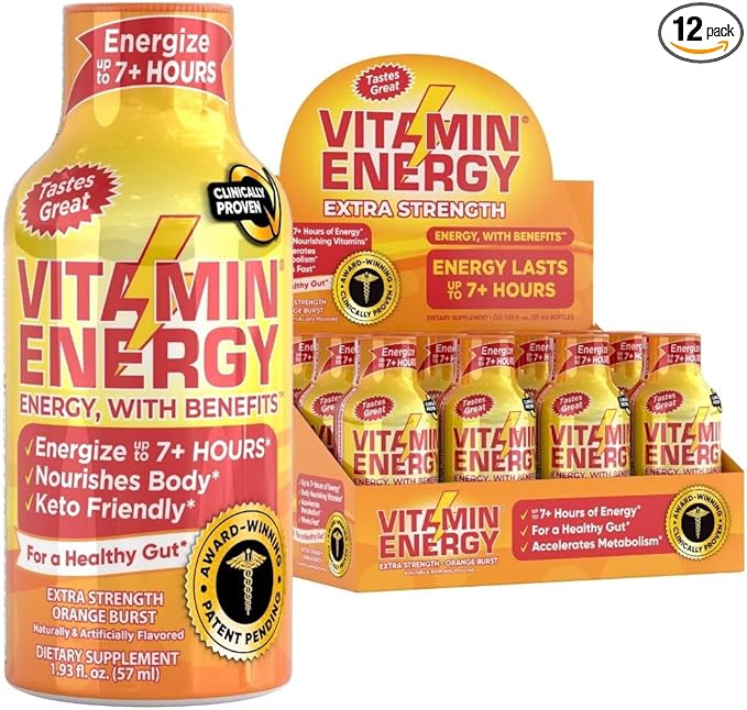 Vitamin Energy Immune+ Extra Strength Energy Shot – Orange Burst – 100% DV B-Vitamins & 260mg Caffeine – Zero Calories, Sugar-Free, Vegan, – Immunity & Energy Support – 1.93 fl oz, 12-Pack