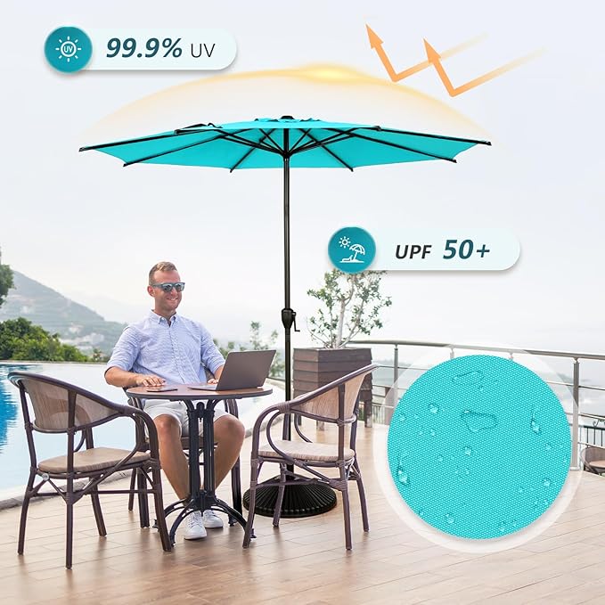 Abba Patio 9FT Lyon Outdoor Patio Umbrella Outdoor Table Umbrella with Push Button Tilt and Crank Market Umbrella 8 Sturdy Ribs UV Protection Waterproof for Garden Deck Backyard Pool Light Blue