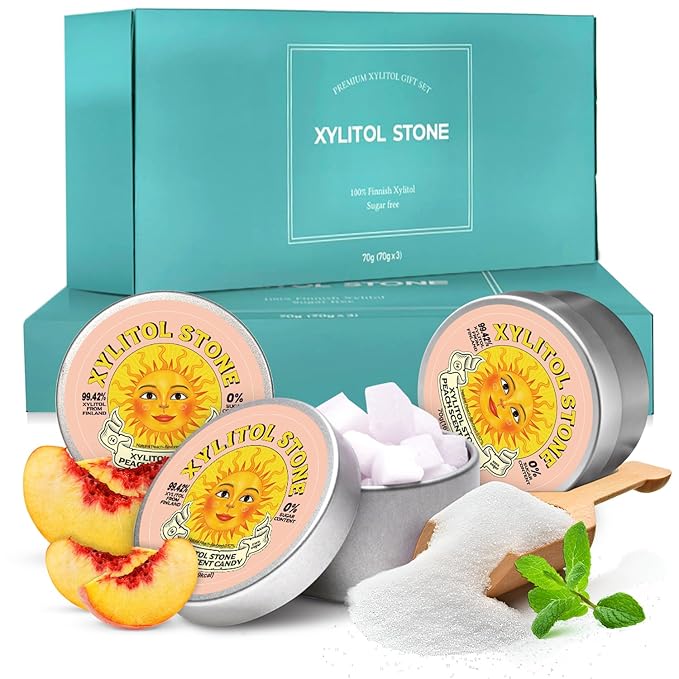 Xylitol Stone Sugar Free Candy - Vegan & Keto Friendly Unique Hard Candy - 100% Natural Flavor Candies - Gluten Free & Non-GMO Breath Freshener Low Calorie Mints - Peach (Pack of 3)