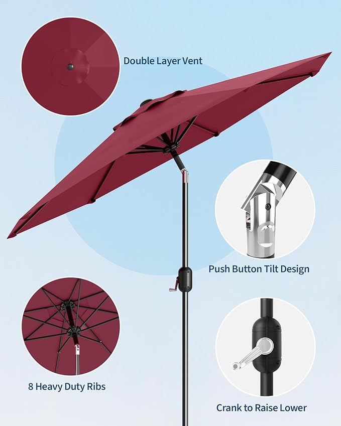 9FT Patio Umbrella Outdoor, Market Umbrella, Table Umbrella with Push Button Tilt and Crank, 8 Sturdy Ribs UV Protection Waterproof for Garden, Pool, Deck, Backyard (Dark Red)