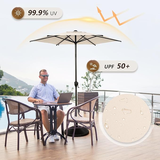 Abba Patio 7.5FT Lyon Outdoor Patio Umbrella Outdoor Table Umbrella with Push Button Tilt and Crank Market Umbrella 6 Sturdy Ribs UV Protection Waterproof for Garden Deck Backyard Pool Beige