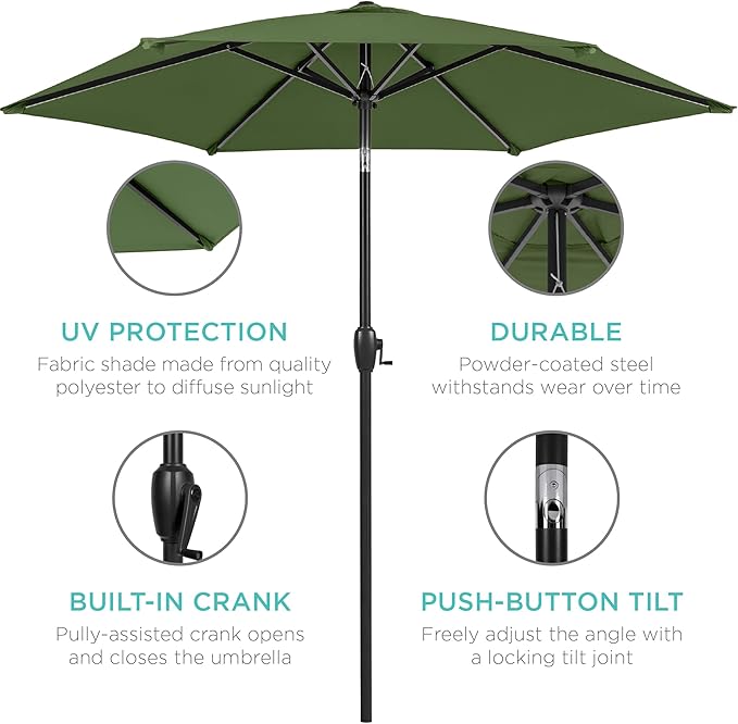 Best Choice Products 7.5ft Heavy-Duty Round Outdoor Market Table Patio Umbrella w/Steel Pole, Push Button Tilt, Easy Crank Lift - Fern