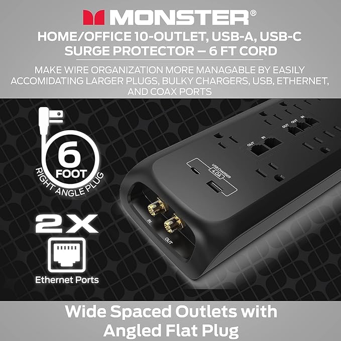 Monster Black Heavy Duty Surge Protector Power Strip 6 ft Cord with 10 120V-Outlet Extension, 2 Ethernet Switch Ports, 4050J Rating, 1 USB-A, and 1 USB-C Charging Ports – Ideal for Computers & Offices