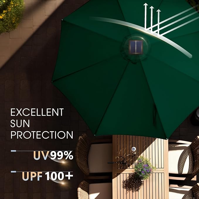 wikiwiki 9ft Solar Led Patio Umbrella, Sturdy Outdoor Market Umbrella for Deck, Pool, Garden w/Tilt, Crank, 32 LED Lights, Dark Green