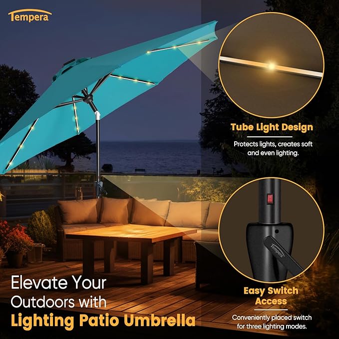 Tempera Solar Patio Umbrella 40 LED Lighted Outdoor Umbrella Table Market Umbrella with Push Button Tilt and Crank, Solar Umbrella with Sturdy Pole&Fade Resistant Canopy, Easy to Set