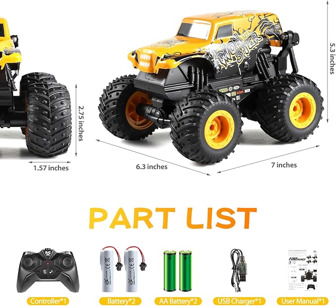 DYODYORC Remote Control Car, 2.4Ghz All Terrain Monster Truck Toys, RC Truck with Music, 3 Lighting Effects, 360 Stunt Capable, All Included Ready to Run, Toy Gifts for Boys and Girls (Yellow)