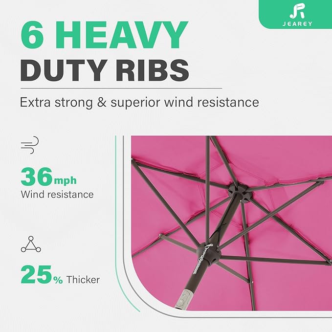 JEAREY 7.5FT Patio Umbrella Market Table Umbrella with 6 Sturdy Ribs, Push Button Tilt/Crank Outdoor Umbrella for Garden, Deck, Backyard, Pool and Beach,Rose Pink