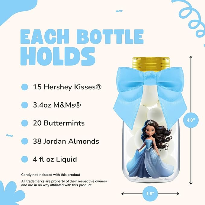 Small 12 Pack Princess Party Favors - DIY Candy Jars with Ribbons and Stickers - Party Decoration Bottles for Birthday, School Classroom, and Baby Shower for Girls - Table Centerpiece for Kids