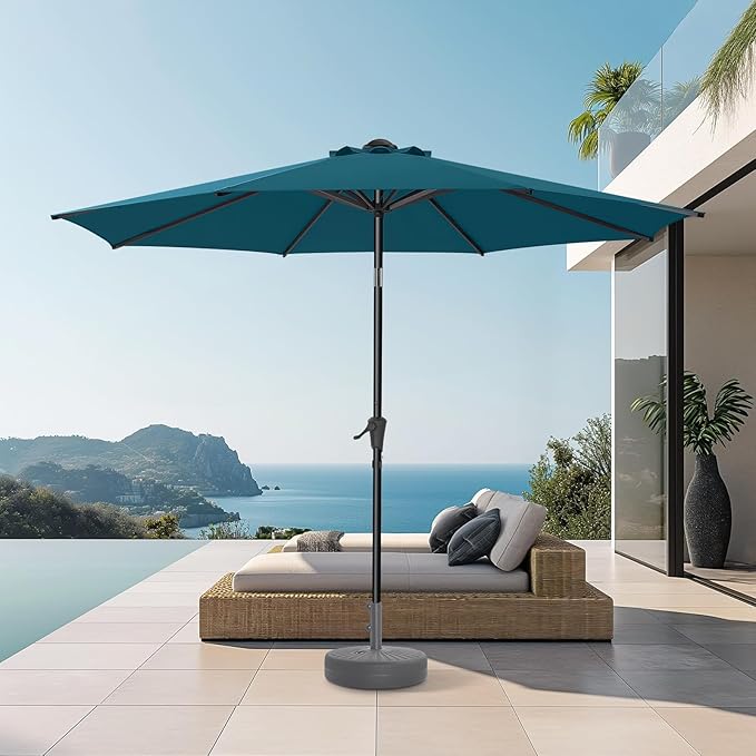 9ft Outdoor Patio Umbrella - Market Table Pool Deck Umbrella UPF50+ UV Protection with Push Button Tilt, Crank and 8 Sturdy Ribs (Peacock Blue, No base)