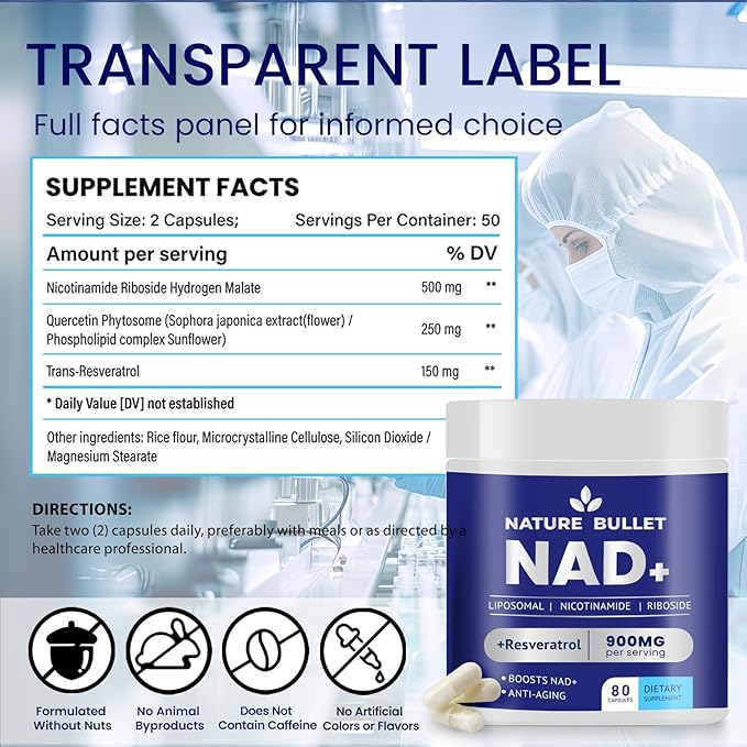 NAD Supplement for Anti-Aging and Cell: Nicotinamide Riboside & Mononucleotide - Cellular Energy & Mitochondrial & Healthy Aging & Cognitive Function Support - Liposomal NAD Supplements - 80 Capsules