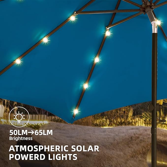 wikiwiki 9ft Solar Led Patio Umbrella, Sturdy Outdoor Market Umbrella for Deck, Pool, Garden w/Tilt, Crank, 32 LED Lights, Royal