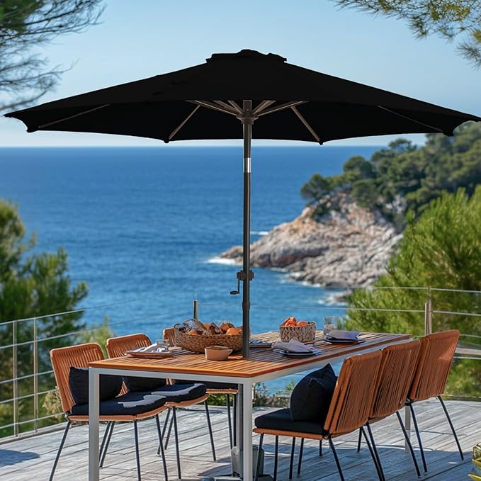 wikiwiki 10 FT Patio Umbrellas Outdoor Table Market Umbrella with Push Button Tilt/Crank, 8 Sturdy Ribs, Fade Resistant Waterproof POLYESTER DTY Canopy for Garden, Lawn, Deck, Backyard & Pool, Black