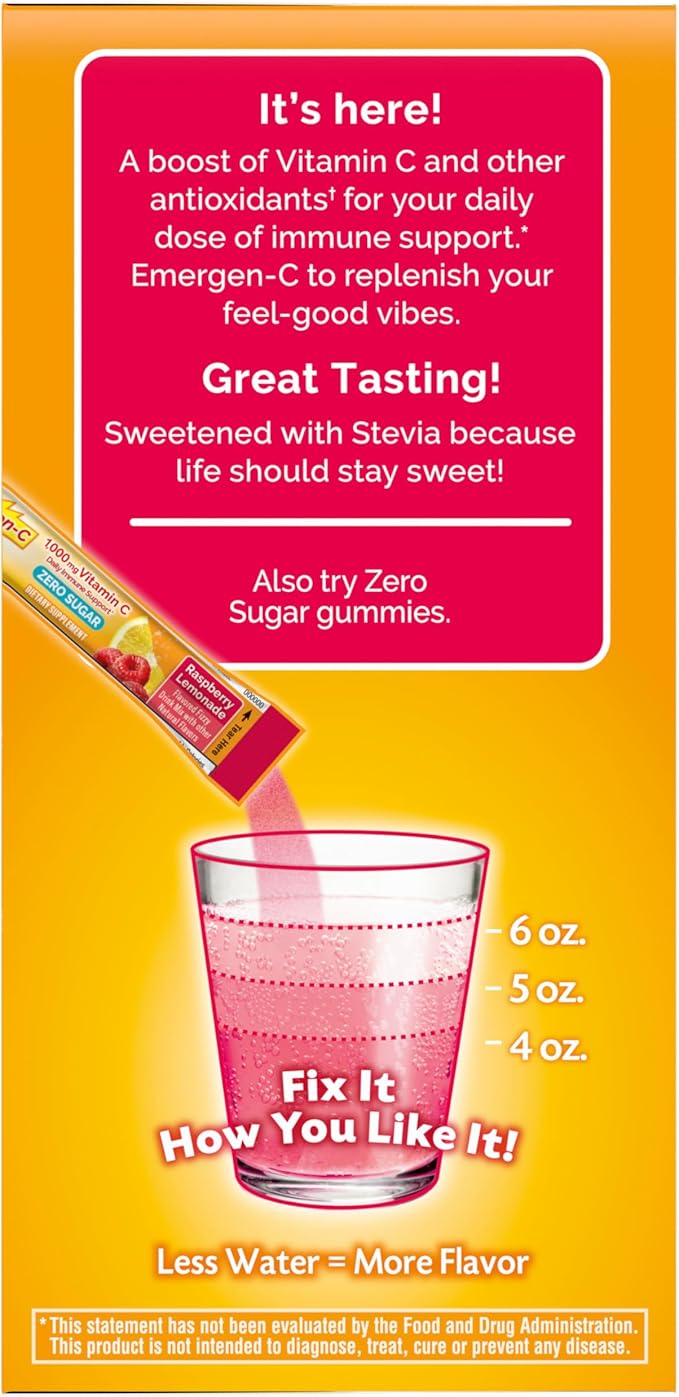 Emergen-C Zero Sugar 1000 mg Vitamin C Powder for Daily Immune Support Caffeine Free Vitamin C Supplements with Zinc and Manganese, B Vitamins and Electrolytes, Raspberry Lemonade Flavor - 36 Count