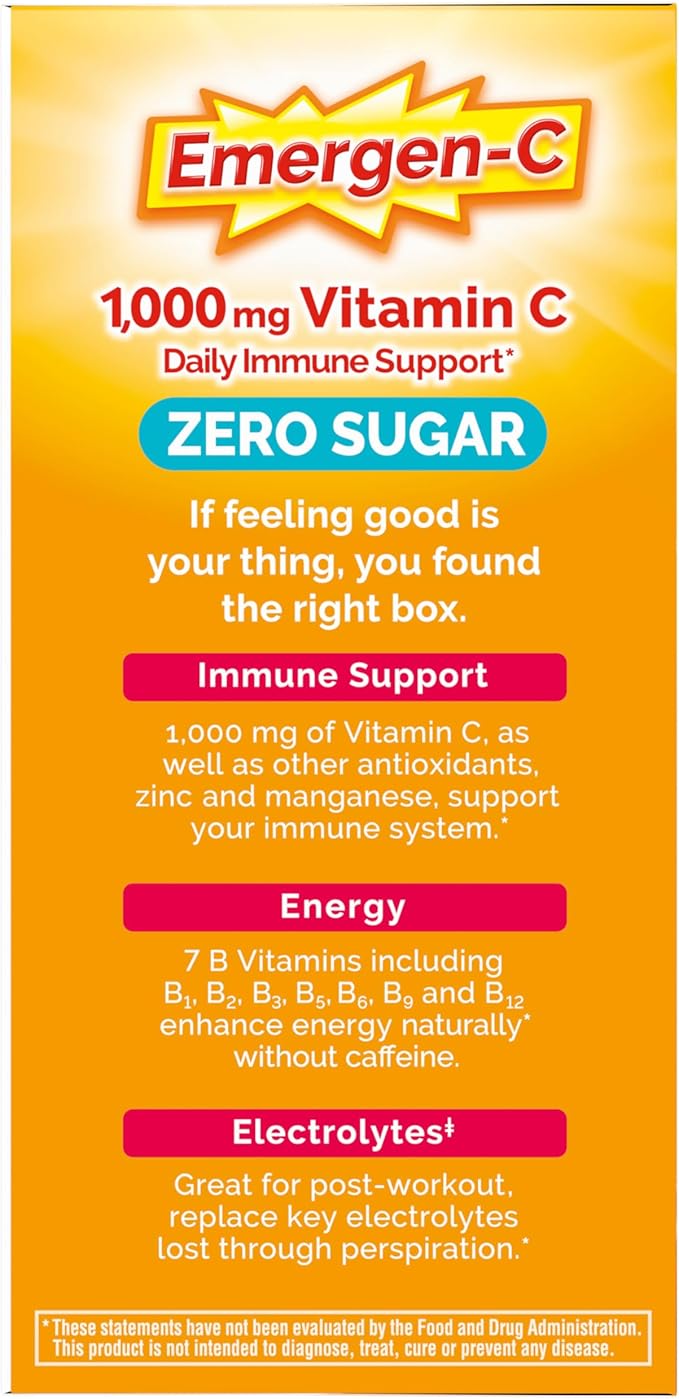 Emergen-C Zero Sugar 1000 mg Vitamin C Powder for Daily Immune Support Caffeine Free Vitamin C Supplements with Zinc and Manganese, B Vitamins and Electrolytes, Raspberry Lemonade Flavor - 36 Count