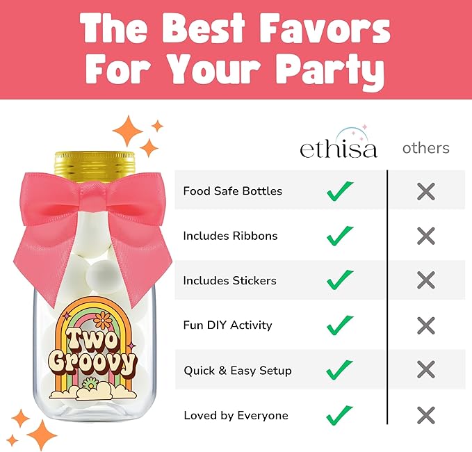 Small 12 Pack Two Groovy Party Favors - DIY Candy Jars with Ribbons and Stickers - Funky Party Decoration Bottles for 2nd Birthday Bash for Baby Boy or Girl - Retro Hippie Table Centerpieces