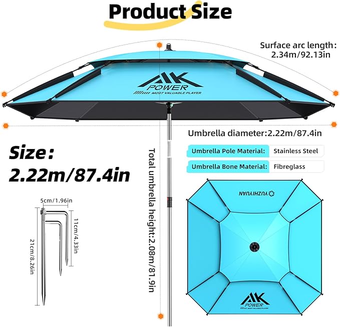 Patio Umbrella with Exclusive Black Coating, 7.2ft/7.8ft Heavy-Duty Double-Layer Nylon Canopy, Adjustable Tilt Sun Shade Outdoor Table Umbrella, UV Protection & Carry Bag for Beach, Fishing, Backyard