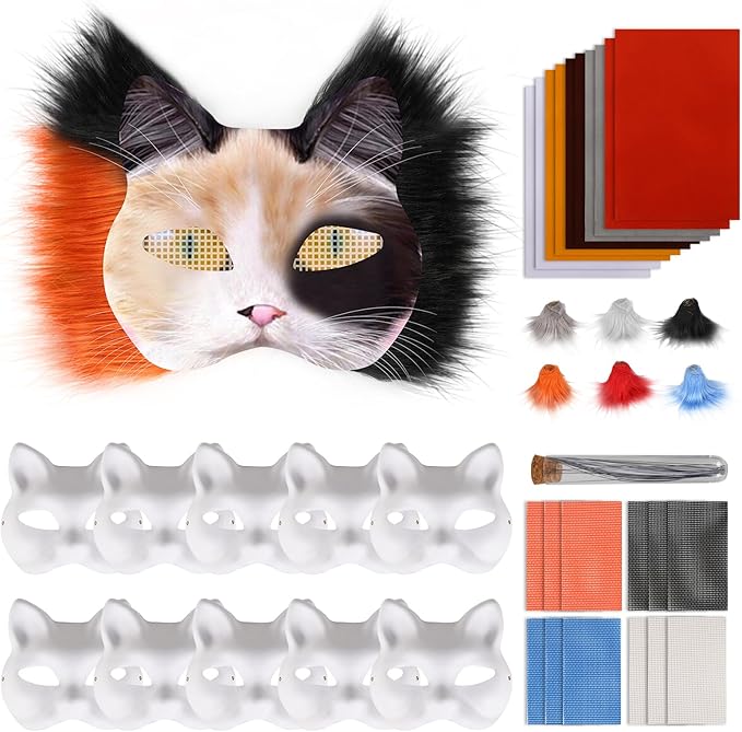 Cat Mask with Eye Mesh Fur Beard and Felt Fabric Sheet,98 PCS DIY Animal Mask Kit Cat Masks to Paint Blank Animal Dress Up Masks,DIY Face Mask Costume for Masquerade,Halloween Party,Cosplay