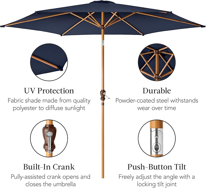 Best Choice Products 10ft Market Umbrella, Outdoor Sun Shade for Backyard, Deck, Poolside, Table w/Woodgrain Pattern, Easy Tilt & Crank - Navy Blue