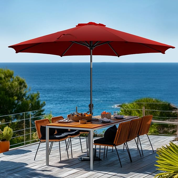 wikiwiki 9 FT Patio Umbrellas Outdoor Table Market Umbrella with Push Button Tilt/Crank, 8 Sturdy Ribs, Fade Resistant Waterproof POLYESTER DTY Canopy for Garden, Lawn, Backyard & Pool, Burgundy Red