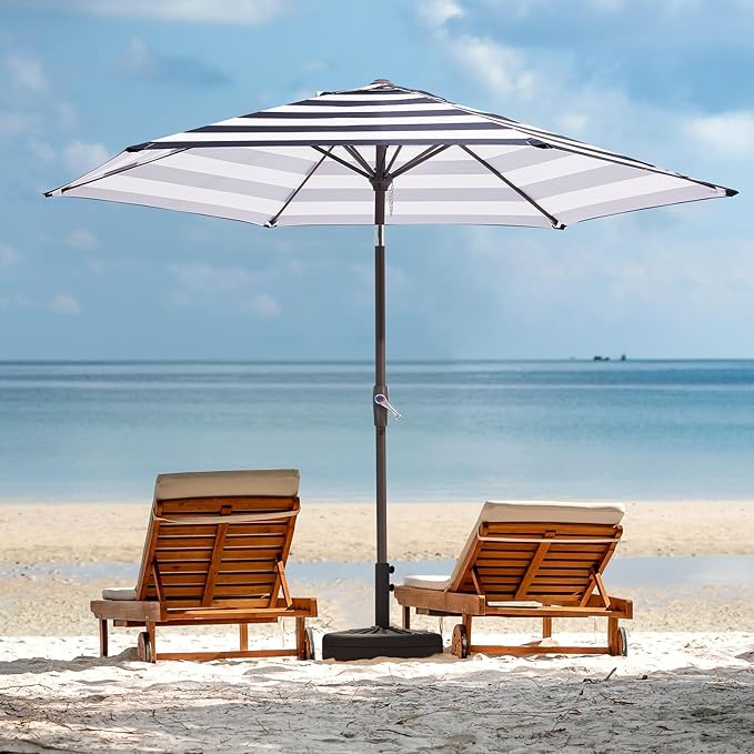 JEAREY 7.5FT Patio Umbrella Market Table Umbrella with 6 Sturdy Ribs, Push Button Tilt/Crank Outdoor Umbrella for Garden, Deck, Backyard, Pool and Beach,Black-White Stripe