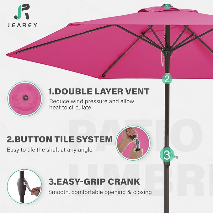 JEAREY 7.5FT Patio Umbrella Market Table Umbrella with 6 Sturdy Ribs, Push Button Tilt/Crank Outdoor Umbrella for Garden, Deck, Backyard, Pool and Beach,Rose Pink