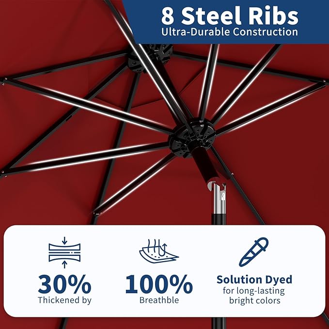 9Ft Patio Umbrella - 8 Sturdy Ribs Outdoor Table Umbrella with Crank Lift & Push Button Tilt - Market Umbrella for Pool, Deck, Yard, Garden - Red