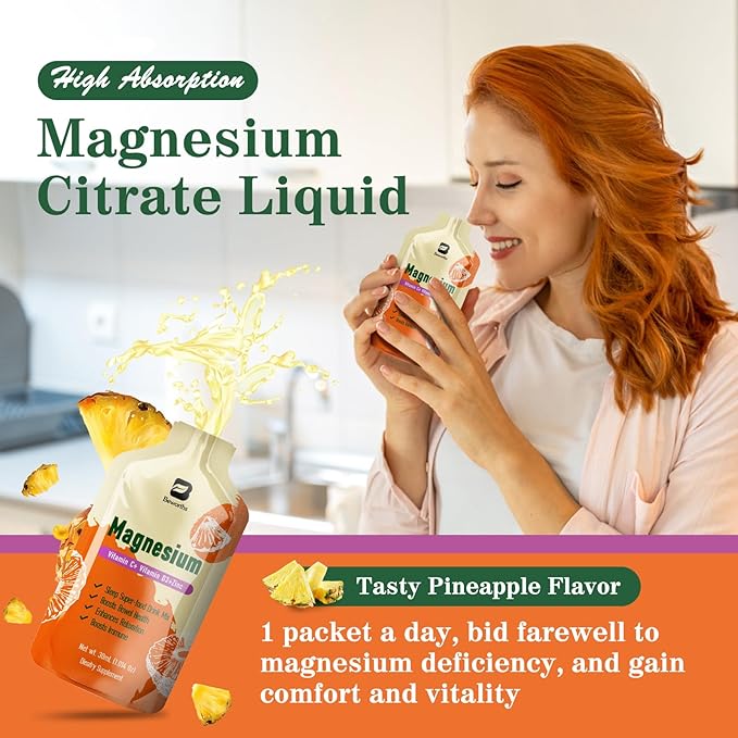 Magnesium Citrate Liquid Supplement, with Bromelain, Vitamin C, D3, B6, Zinc, High Absorption Magnesium Citrate Oral Solution, Magnesium for Constipation, Zzz & Energy, Pineapple, 10 Fl Oz