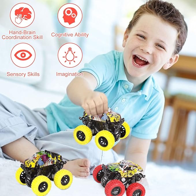 M SANMERSEN Monster Truck Toys for Ages 2-4, Friction Cars for Toddlers 1-3 Push and Go 360° Rotating Stunt Car for 2+ Year Old Boys Girls Gifts (2 Pack - Red and Yellow)