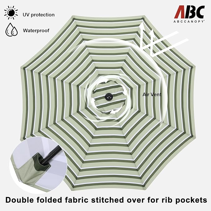 ABCCANOPY 9FT Patio Umbrella - Outdoor Waterproof Table Umbrella with Push Button Tilt and Crank, 8 Ribs UV Protection Pool Umbrella for Garden, Lawn, Deck & Backyard (Green Stripes)