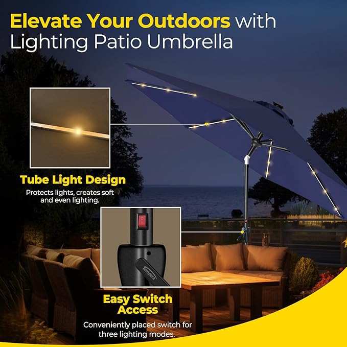 Tempera Solar Patio Umbrella 40 LED Lighted Outdoor Umbrella Table Market Umbrella with Push Button Tilt and Crank, Solar Umbrella with Sturdy Pole&Fade Resistant Canopy, Easy to Set