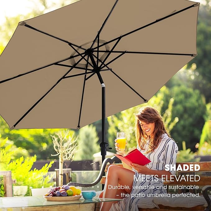 wikiwiki 9 FT Patio Umbrellas Outdoor Table Market Umbrella with Push Button Tilt/Crank, 8 Sturdy Ribs, Fade Resistant Waterproof POLYESTER DTY Canopy for Garden, Lawn, Deck, Backyard & Pool, Tan