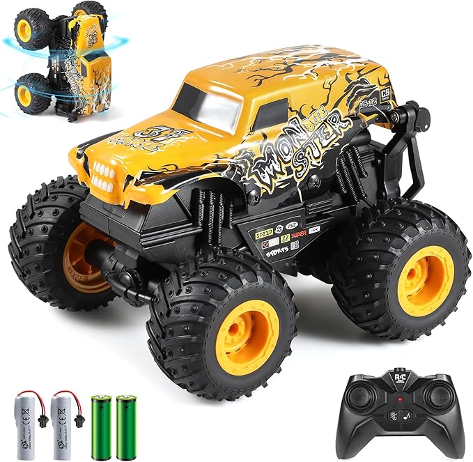 DYODYORC Remote Control Car, 2.4Ghz All Terrain Monster Truck Toys, RC Truck with Music, 3 Lighting Effects, 360 Stunt Capable, All Included Ready to Run, Toy Gifts for Boys and Girls (Yellow)