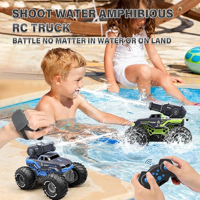 1:16 Amphibious Remote Control Car with Water Gun 4WD Gesture Sensing RC Car Boat Waterproof RC Truck Off-Road Stunt Car Toy for Kids/Adults Monster Truck for Outdoor Gift(with 2 Replaceable battery)