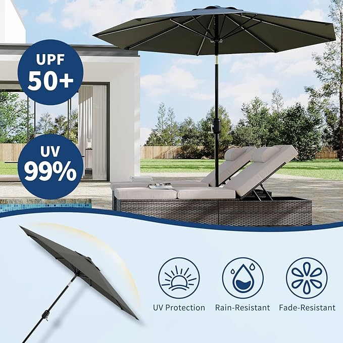 9Ft Patio Umbrella - 8 Sturdy Ribs Outdoor Table Umbrella with Crank Lift & Push Button Tilt - Market Umbrella for Pool, Deck, Yard, Garden - Gray