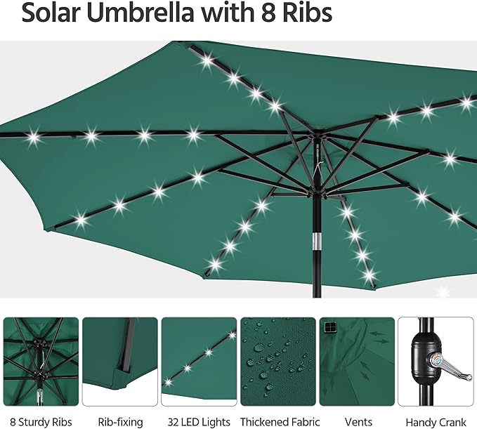 Yaheetech 10FT LED Lighted Patio Umbrella, Outdoor Solar Table Umbrella with 8 Ribs/Tilt Adjustment and Crank Lift System for Garden/Deck/Pool, Dark Green