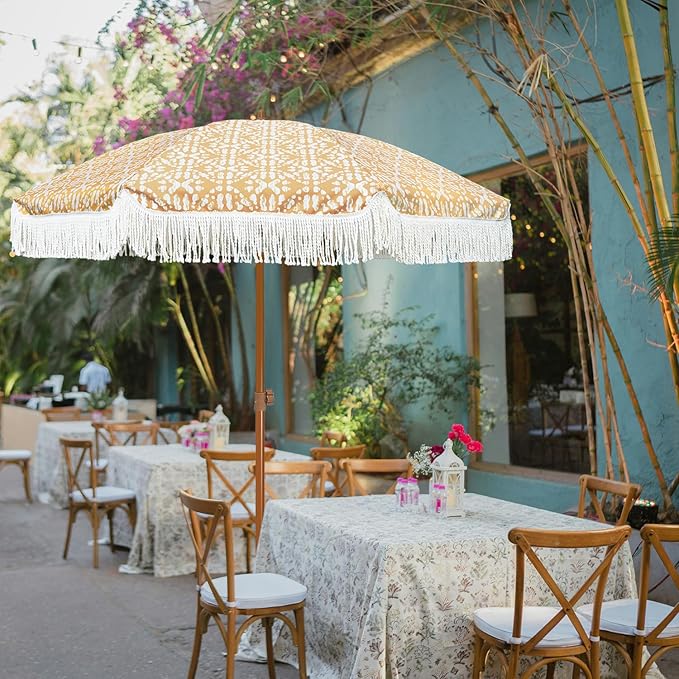 AMMSUN 7ft Patio Umbrella with Fringe Outdoor Tassel Umbrella UPF50+ Premium Steel Pole and Ribs Push Button Tilt, Retro Bohemian