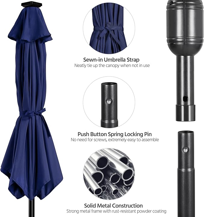 Yaheetech 7.5FT Solar Powered Patio Umbrella - UV Protection Market Table Umbrella w/18 LED Lights & Push Button Tilt & Crank Lift System for Garden/Lawn/Deck/Backyard/Pool, Navy Blue