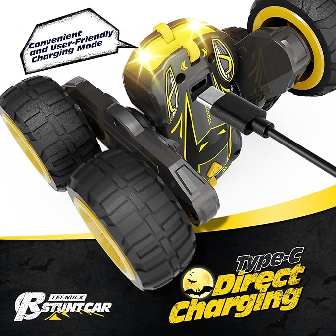 Tecnock Remote Control Car for Kids, 2.4GHz RC Car with USB-C Easy Charging, 4WD Double Sided 360° Rotates and Flips RC Stunt Car, Toys Gift for Boys and Girls