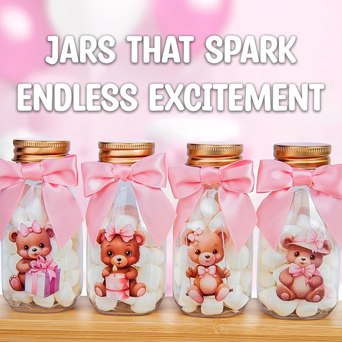 Small 12 Pack We Can Bearly Wait Party Favors for Girl - Candy Jars with Ribbon and Stickers - DIY Party Decoration Bottles for Baby Shower and Gender Reveal - Pink Teddy Bear Table Centerpiece