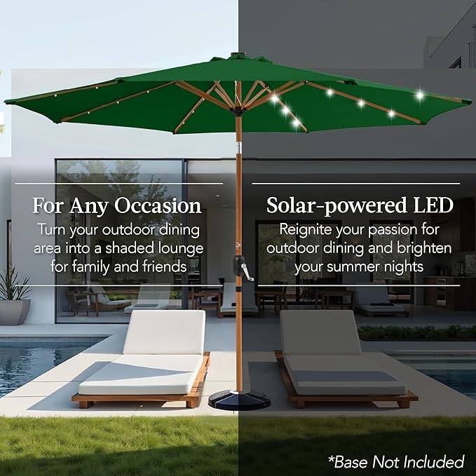 Best Choice Products 10ft Solar Market Patio Umbrella w/Woodgrain Pattern Pole, LED Lights, Tilt & Crank – Outdoor Sun Shade for Backyard Table, Deck, Poolside – Green