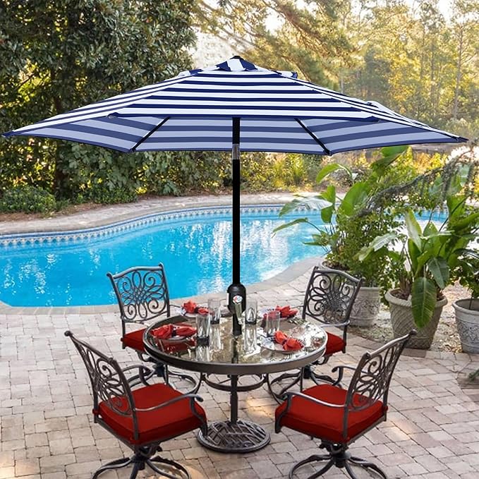 Blissun 7.5 ft Patio Umbrella, Yard Umbrella, Outdoor Market Umbrella with Push Button Tilt Crank (Blue&White)