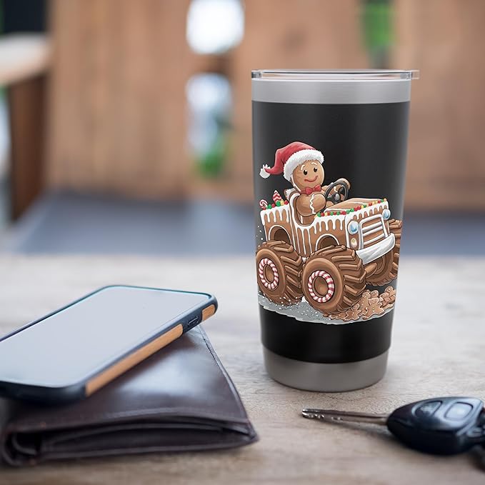 Funny Monster Truck Gingerbread Man Christmas Cookies Boys Stainless Steel Insulated Tumbler