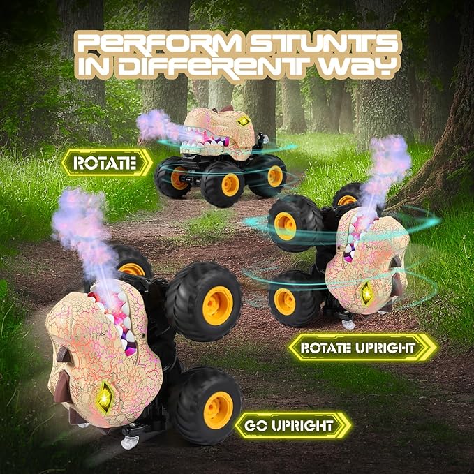 DYODYORC Remote Control Car, 2.4Ghz All Terrain Dinosaur Monster Truck Toys, RC Truck with Spay, Music, 3 Lighting Effects, Stunt Capable, Toy Gifts for Boys and Girls (Yellow)