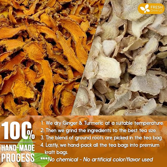 FreshDrinkUS, Premium 135 Turmeric Ginger Tea Bags, 100% Natural Ingredients, Hand-made Blend of Turmeric and Ginger Herbal Tea, Eco-conscious Tea Bags. No Sugar, No Caffeine, No Gluten, Vegan.