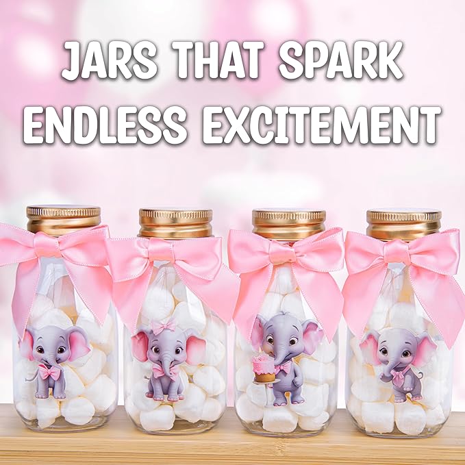 Small 12 Pack Pink Elephant Party Favors - Candy Jars with Ribbons and Stickers - DIY Party Decoration Bottles for Baby Shower, Birthday, Gender Reveal, and Classroom - Girl Table Centerpiece
