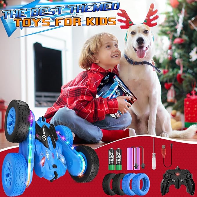 Remote Control Car,RC Cars with Sides Light Strip and Headlights,Double Sided 360 Flips Rotating RC Stunt Car,2.4Ghz All Terrain Toys for Ages 4-6 Kids Toy for Boys Girls Birthday Gift(Blue)