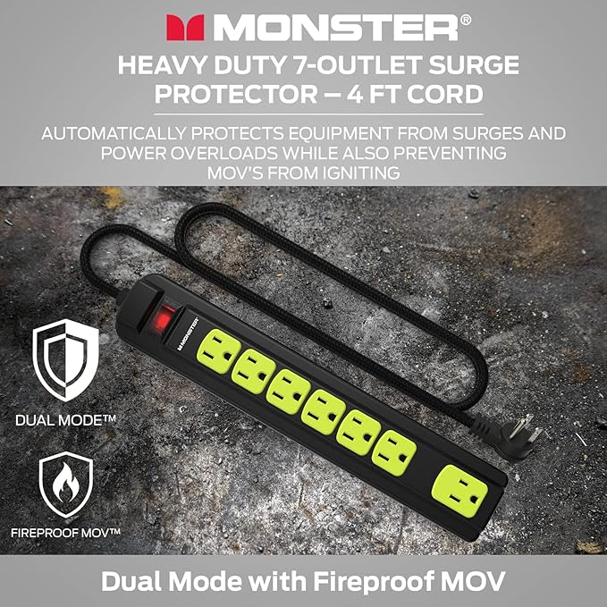 Monster Workshop Heavy-Duty Garage Power Strip Surge Protector - Mountable Heavy-Duty Wide-Spaced 7 Grounded AC Outlets with 4ft Angled Flat Plug - 1200 Joules - ETL Listed